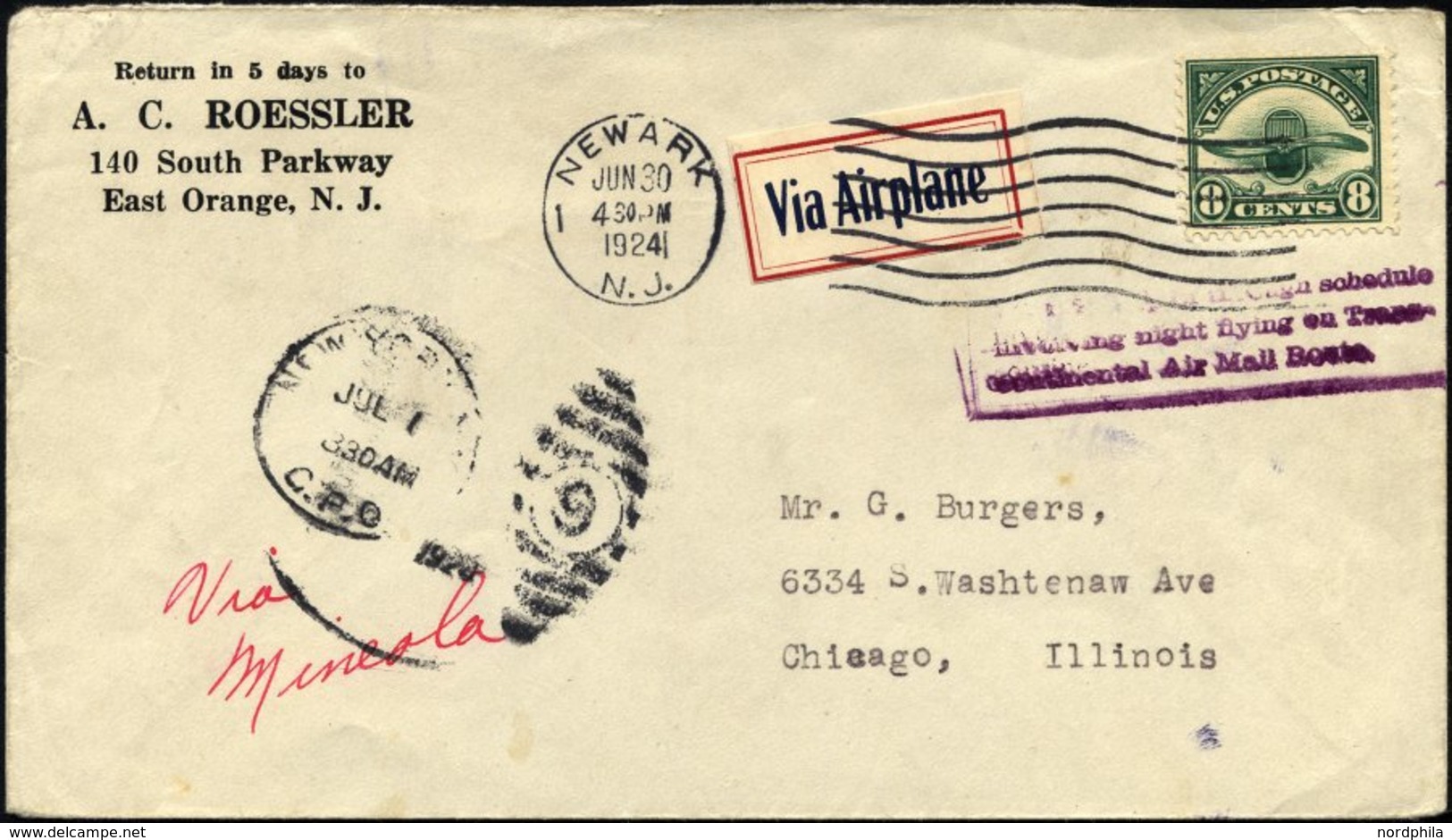 US-FLUGPOST 286 BRIEF, 1.7.1924, 8 C. Auf Trouis-Continentalnachtflugbrief NEWARK-CHICAGO Mit Aufkleber Via Airplane, Pr - 1c. 1918-1940 Lettres