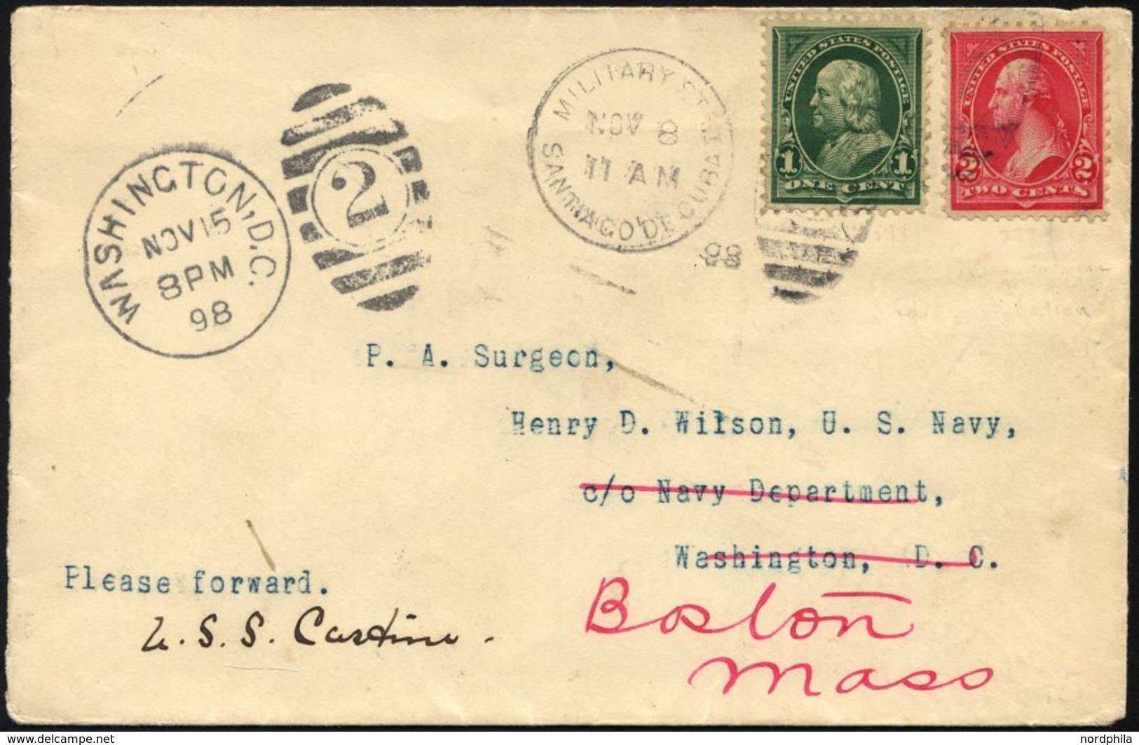 FELDPOST 1898, Forwarded-Brief Nach Washington Mit Militärbriefstempel Aus Santiago De Cuba, Pracht - Usados