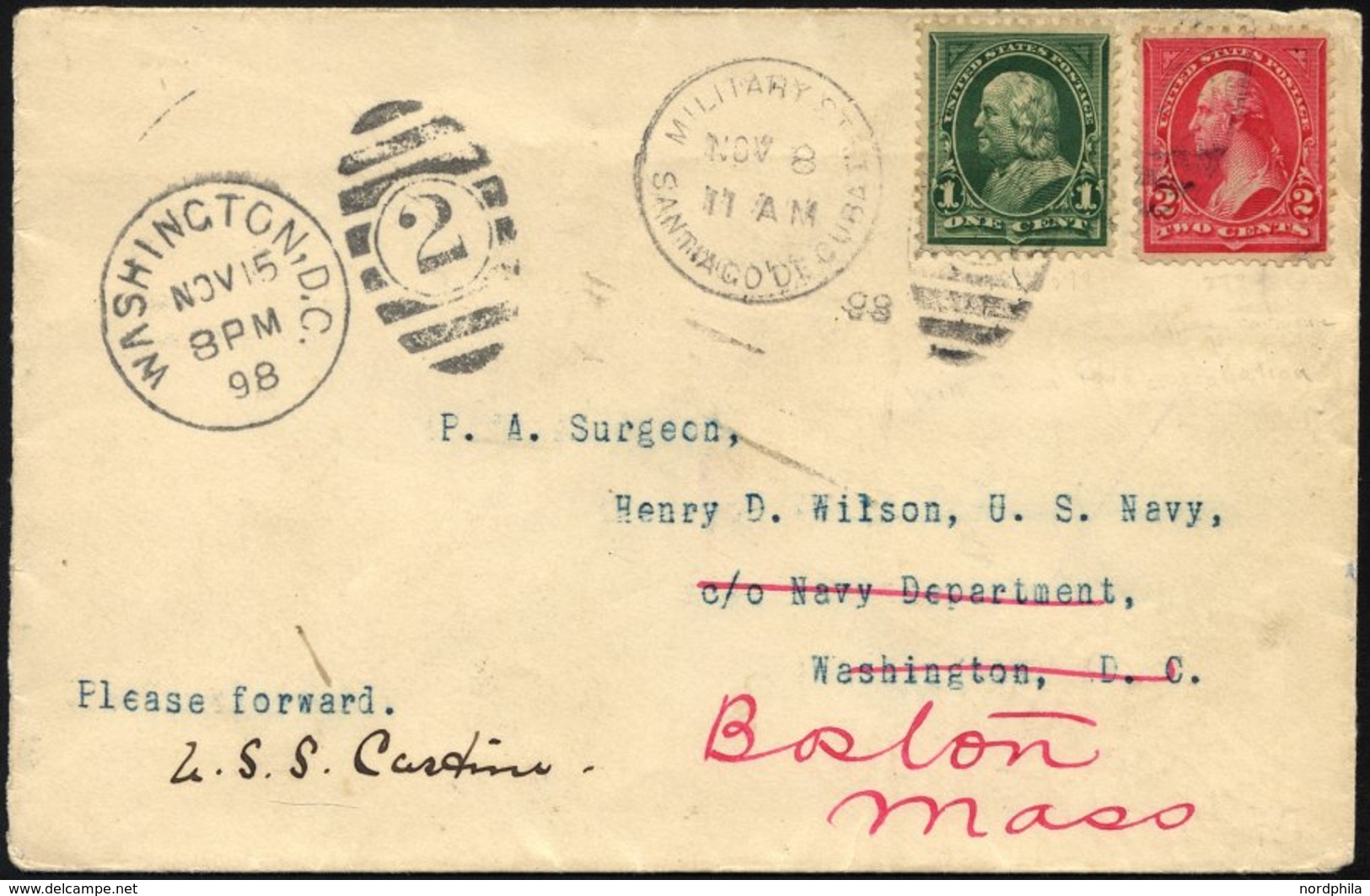 FELDPOST 1898, Forwarded-Brief Nach Washington Mit Militärbriefstempel Aus Santiago De Cuba, Pracht - Used Stamps