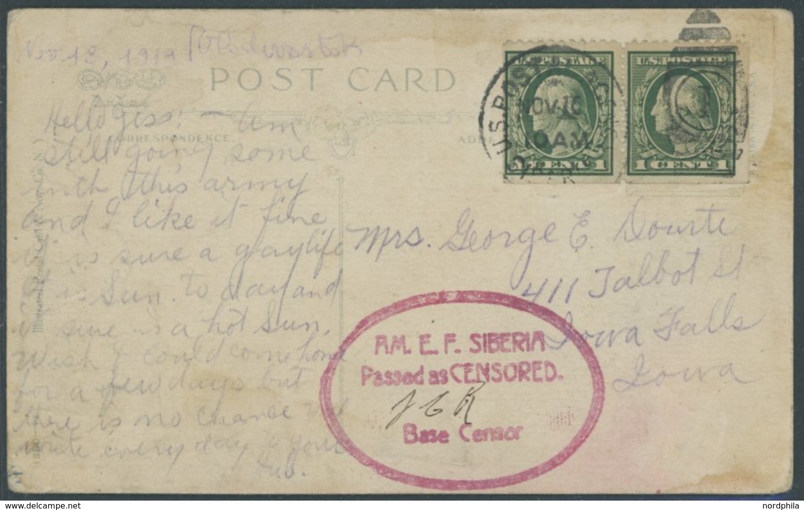 FELDPOST 1919, Siberia/US Postal Agency: Frankierte Militär-Ansichtskarte Des Zur Intervention Im Russischen Bürgerkrieg - Usati