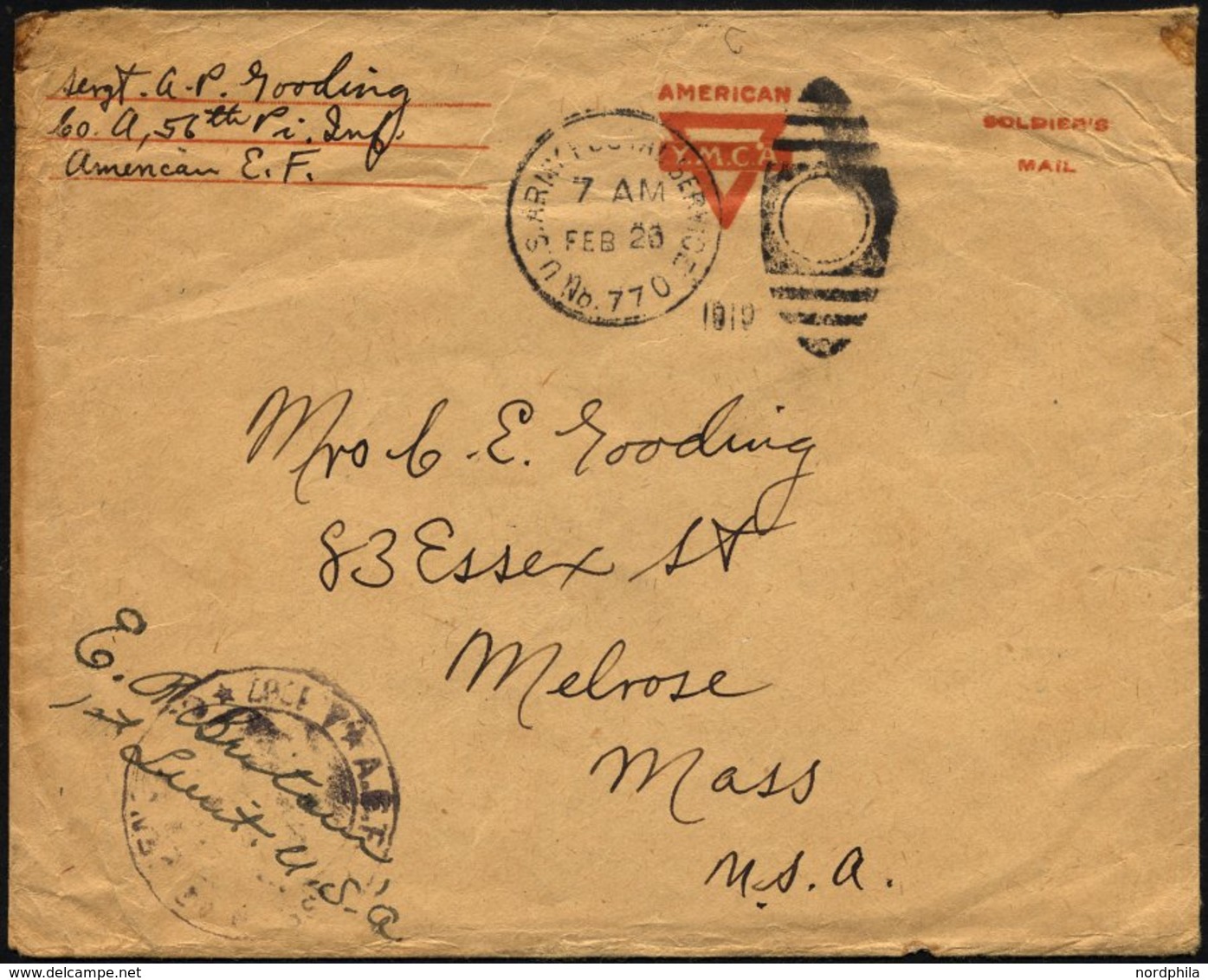 FELDPOST 1919, Feldpost-Ovalraute U.S. ARMY POSTAL SERVICE/No. 770 Und US-Zensurstempel Mit Vermerk Des Militärischen Vo - Usados