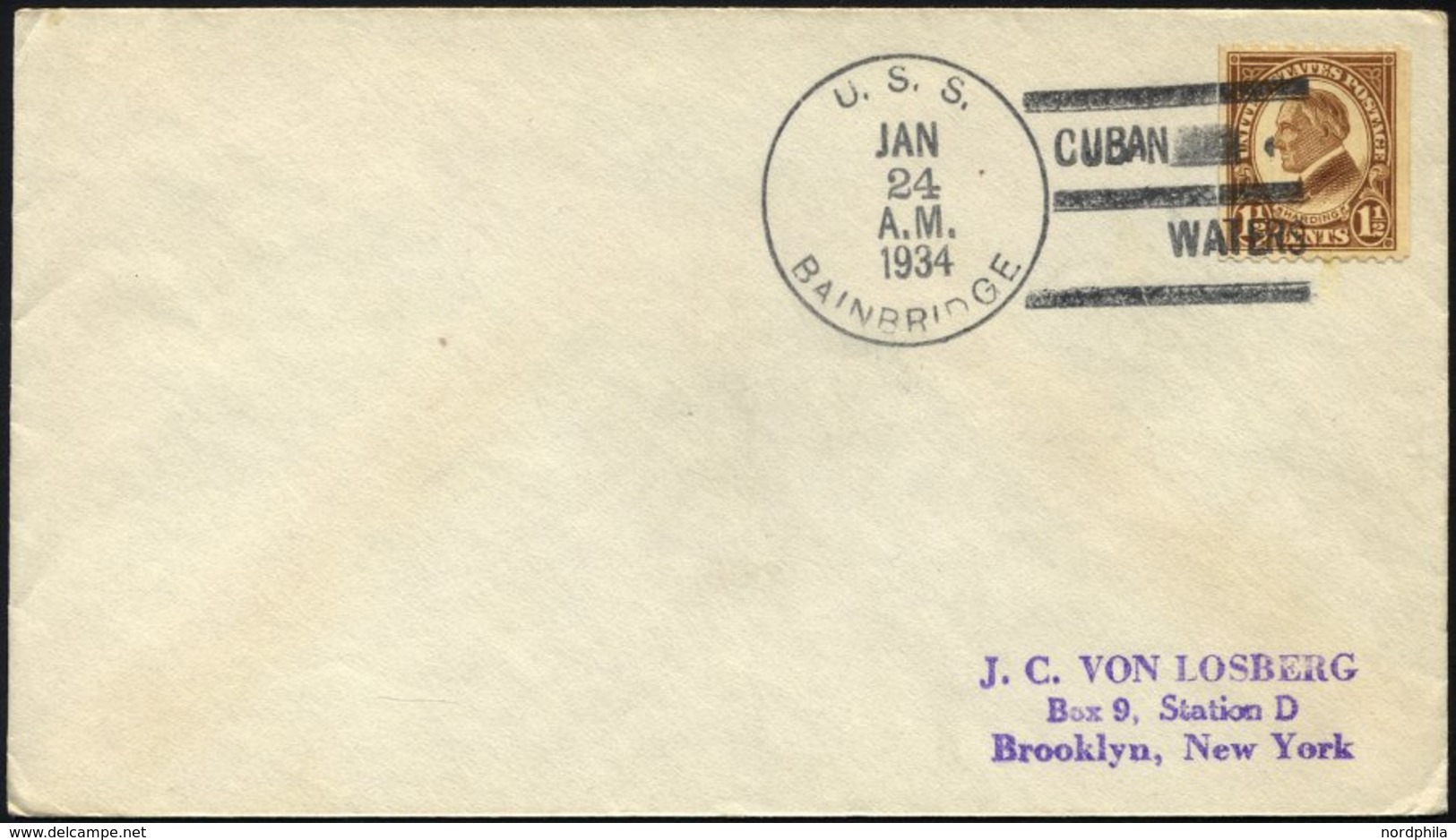 FELDPOST 1934, Militärbrief Mit K1 Vom US-Kriegsschiff U.S.S. BAINBRIDGE Aus Den Gewässern Vor Kuba CUBAN WATERS, Pracht - Usados