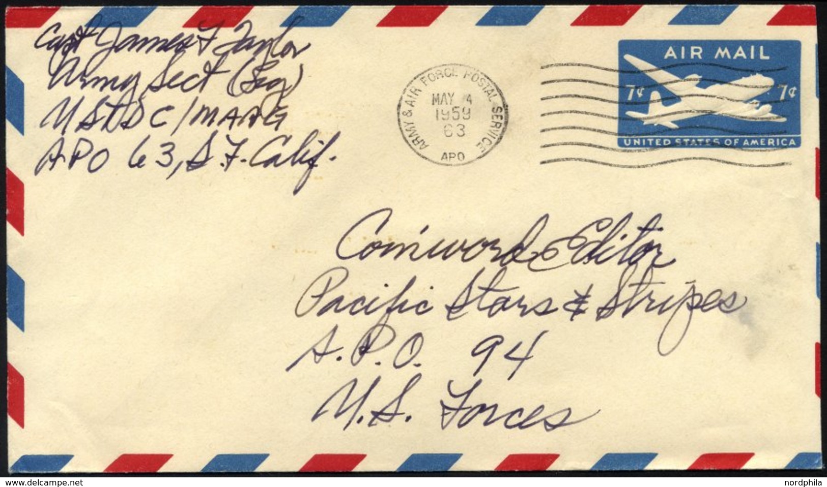 FELDPOST 1959, Luftpost-Ganzsachenumschlag Mit K1 ARMY AIR FORCE POSTAL SERVICE/APO, Pracht - Usati