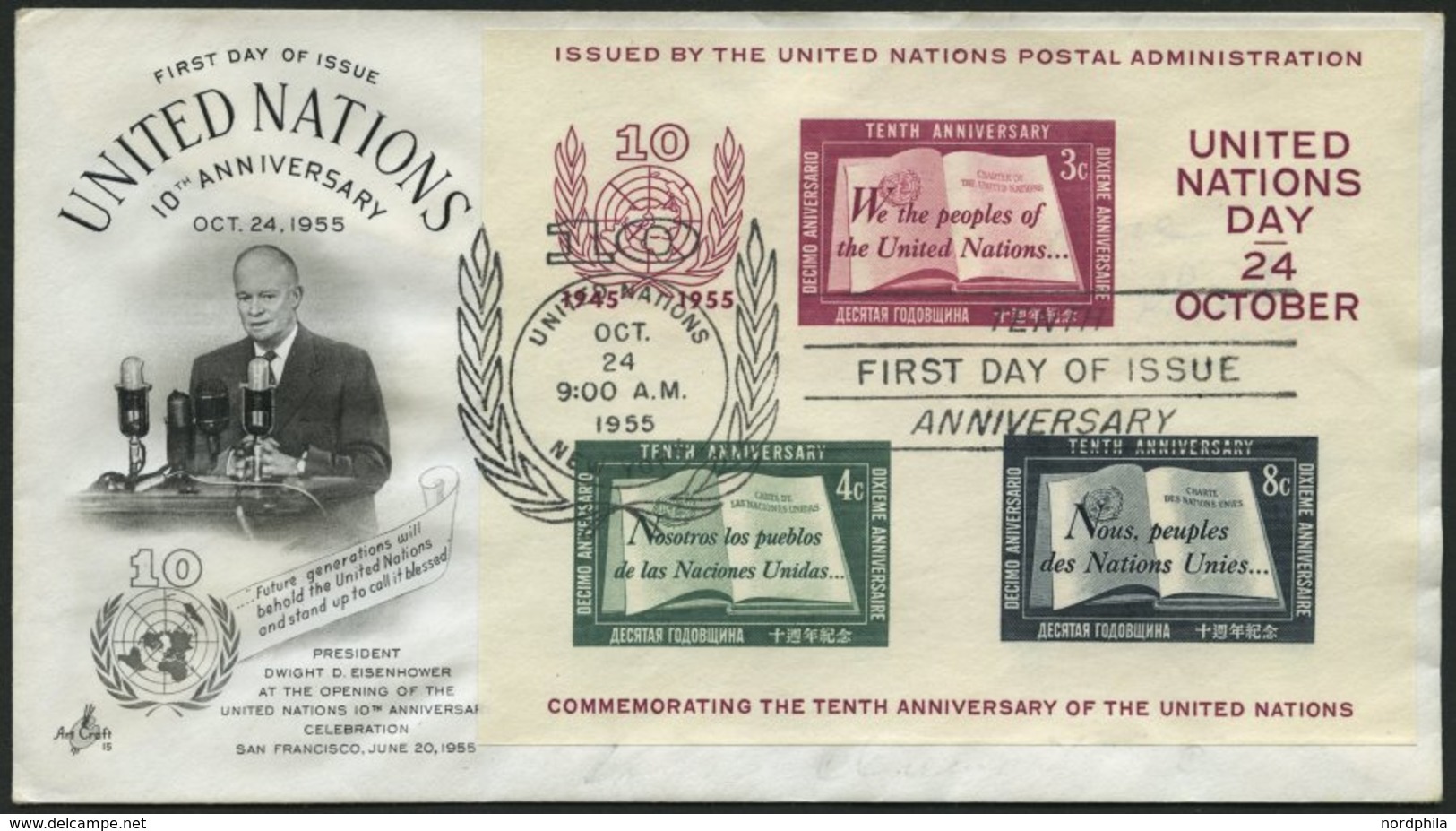 UNO NEW YORK Bl. 1I BRIEF, 1955, Block 10 Jahre Vereinte Nationen Auf FDC, Pracht - UNO