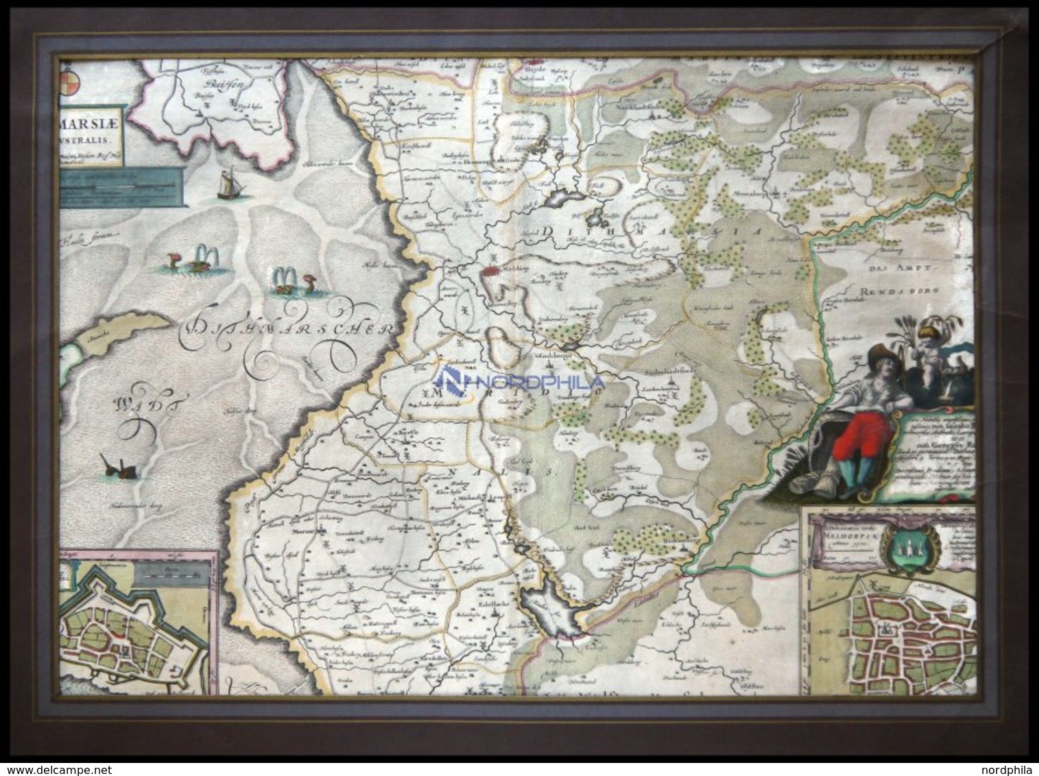 Dithmarschen, Südlicher Teil, Dithmarsiae Pars Australis, Mit Grundrißplänen Von Brunsbüttel Und Meldorf, Kolorierter Ku - Andere & Zonder Classificatie