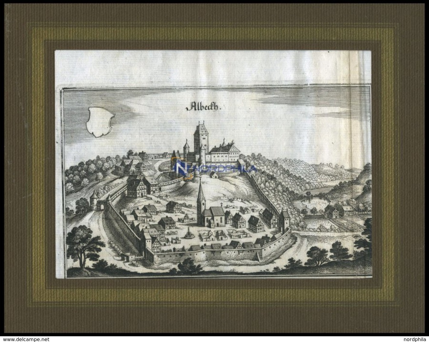 ALBECK, Gesamtansicht, Kupferstich Von Merian Um 1645 - Lithografieën