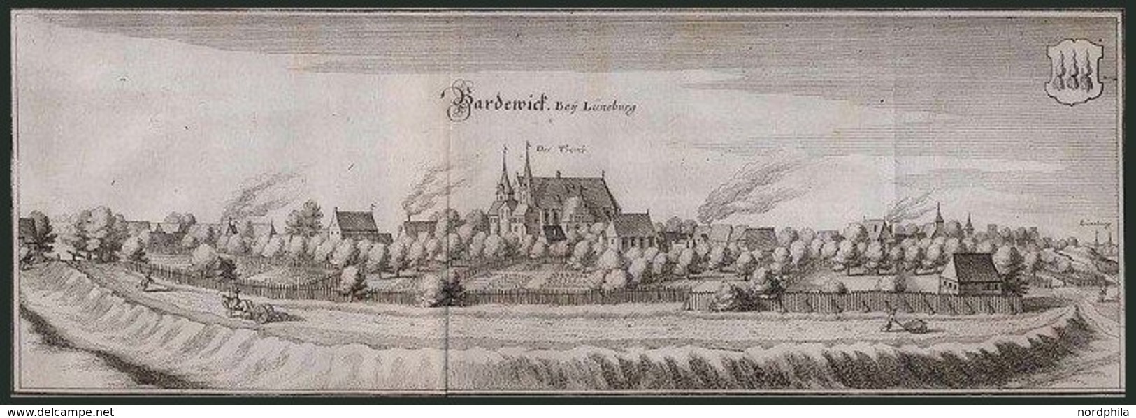 BARDEWIK Bei Lüneburg, Gesamtansicht, Kupferstich Von Merian Um 1645 - Litografia