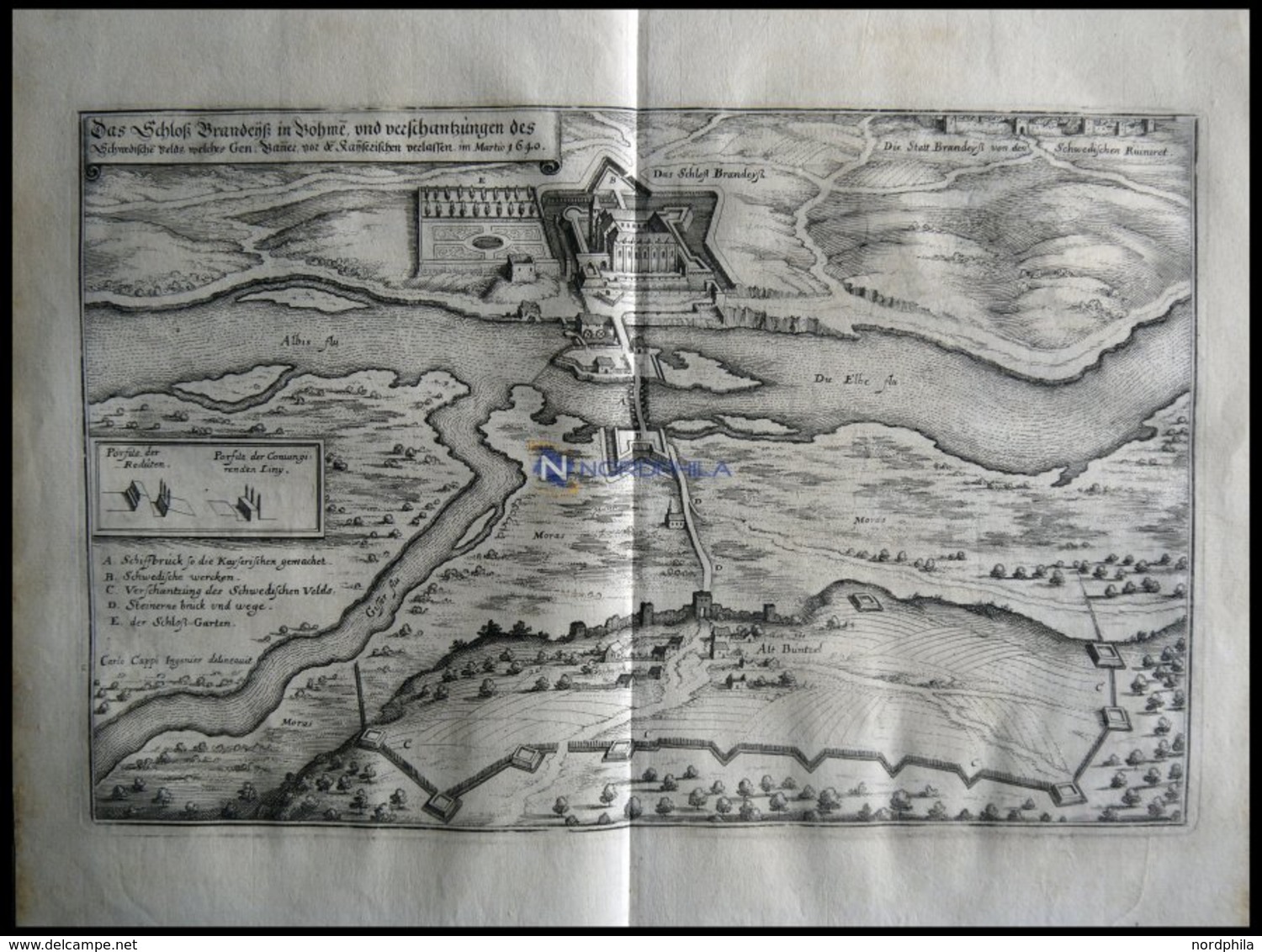 BRANDEIS/BÖHMEN: Das Schloß Brandenitz Mit Umgebung, Kupferstich Von Merian Um 1645 - Lithographies