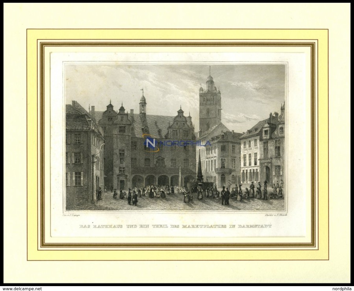 DARMSTADT: Das Rathaus Und Ein Teil Des Marktplatzes, Stahlstich Von Lange/Abresch, 1840 - Lithografieën