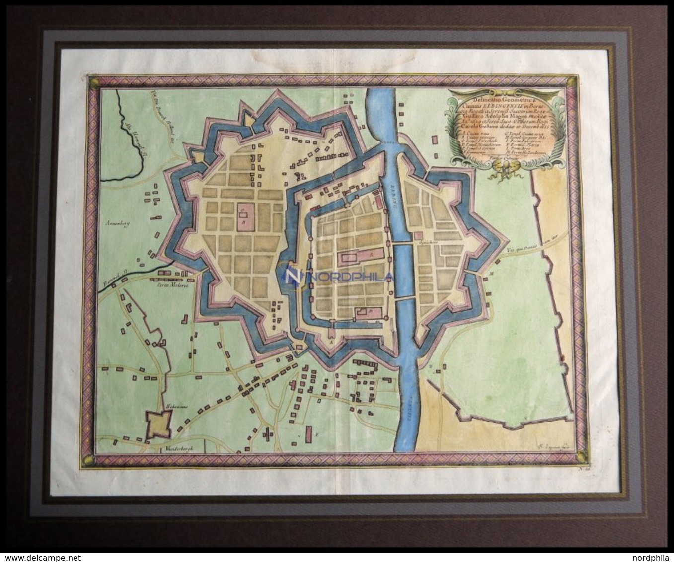 ELINGEN, Pr., Geometrischer Grundrißplan Der Stadt Aus Dem Jahre 1655, Kolorierter Kupferstich Von Pufendorf Aus `Sieben - Lithografieën