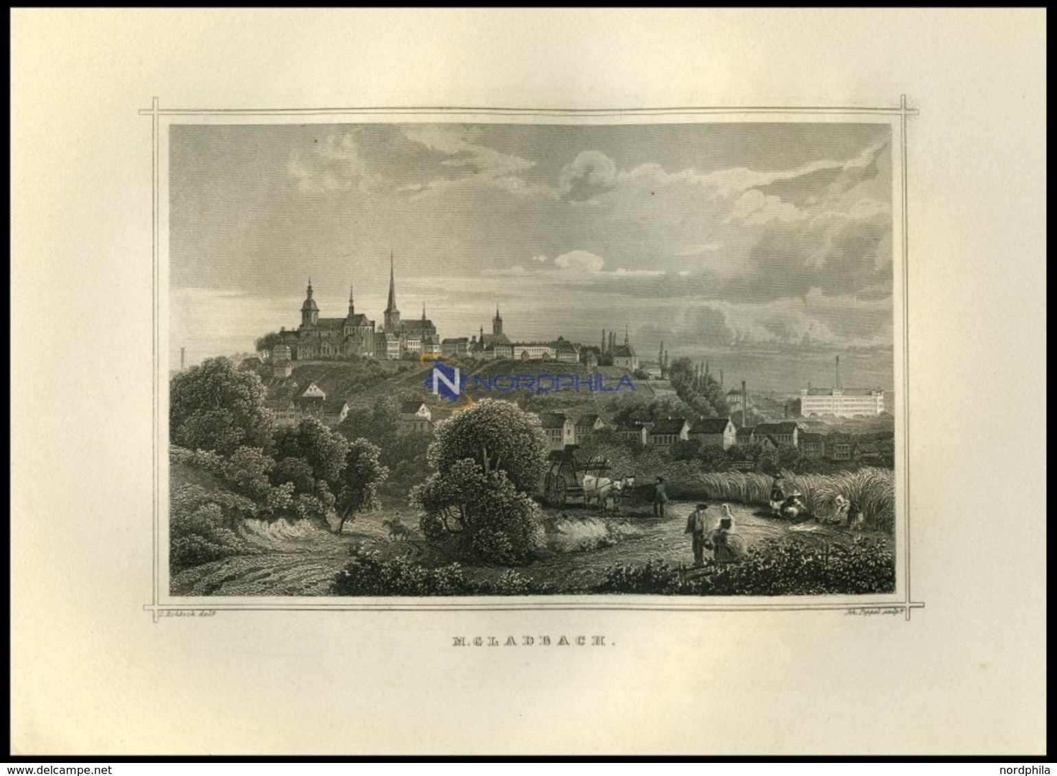 GLADBACH, Gesamtansicht Mit Hübscher Personenstaffage Im Vordergrund, Stahlstich Von Rohbock/Poppel Um 1850 - Litografia