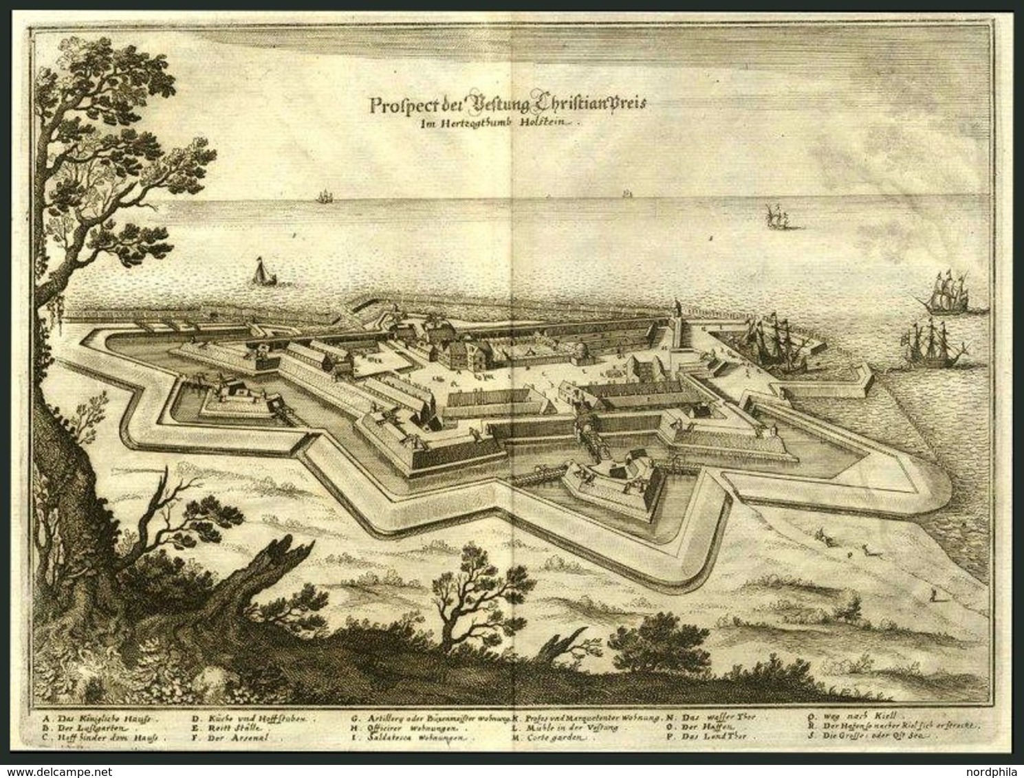 KIEL-FRIEDRICHSORT, Prospect Der Vestung Christian Pries An Der Ostsee, Kupferstich Von Merian Um 1645 - Litografía