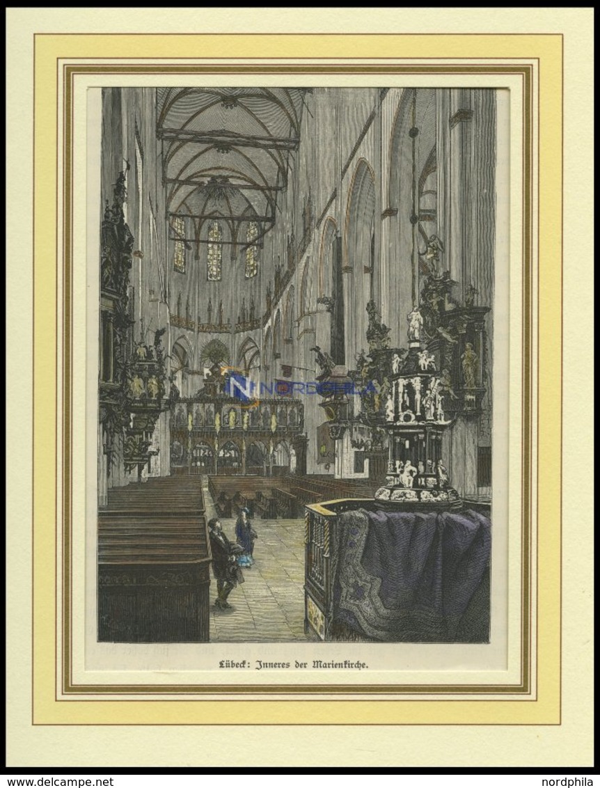 LÜBECK: Das Innere Der Marienkirche, Kolorierter Holzstich Von G. Schönleber Von 1881 - Lithografieën