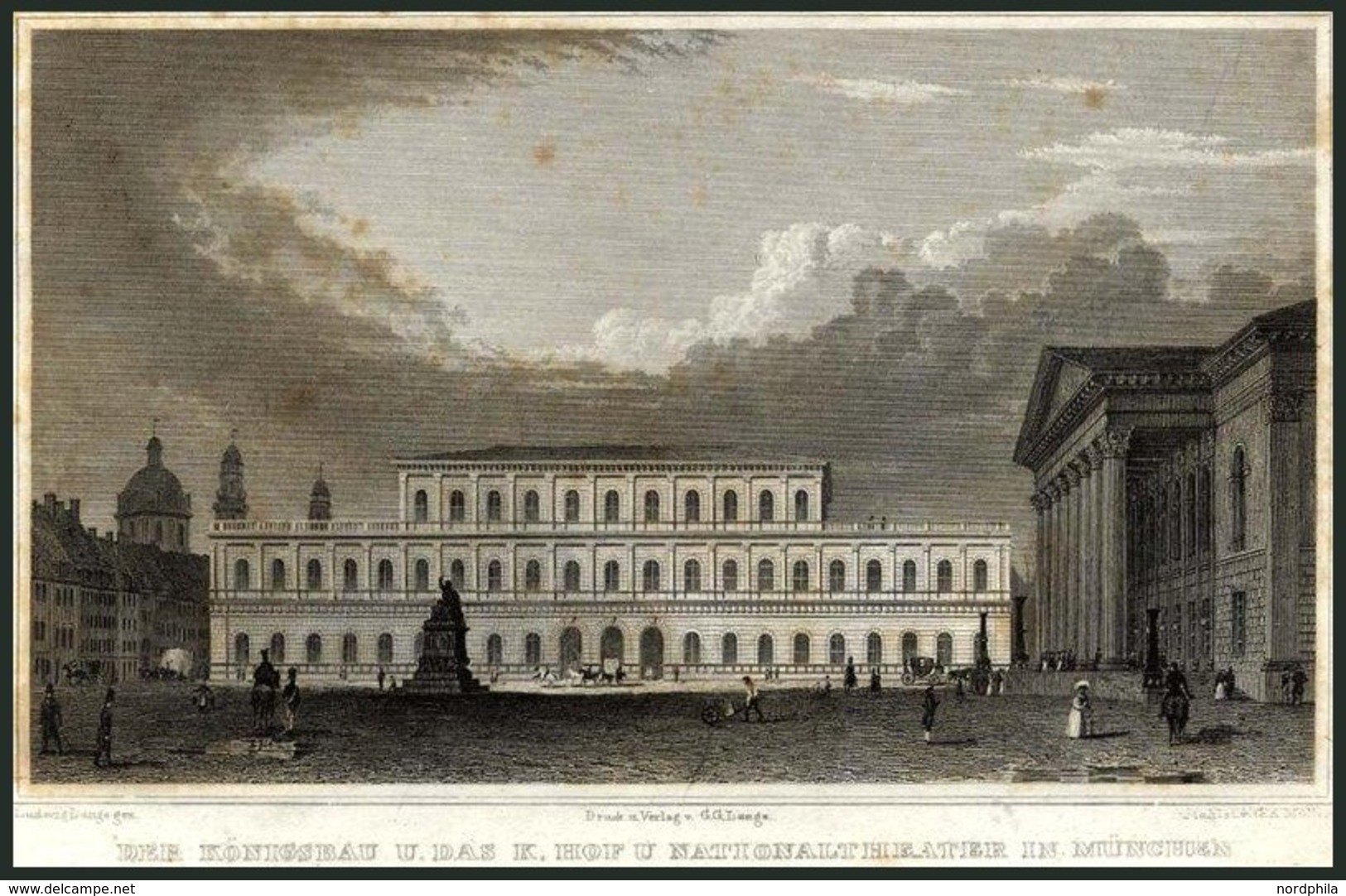 MÜNCHEN: Der Königsbau Und Das K. Hof Und Nationaltheater, Stahlstich Von Lange/Müller, 1840 - Litografía