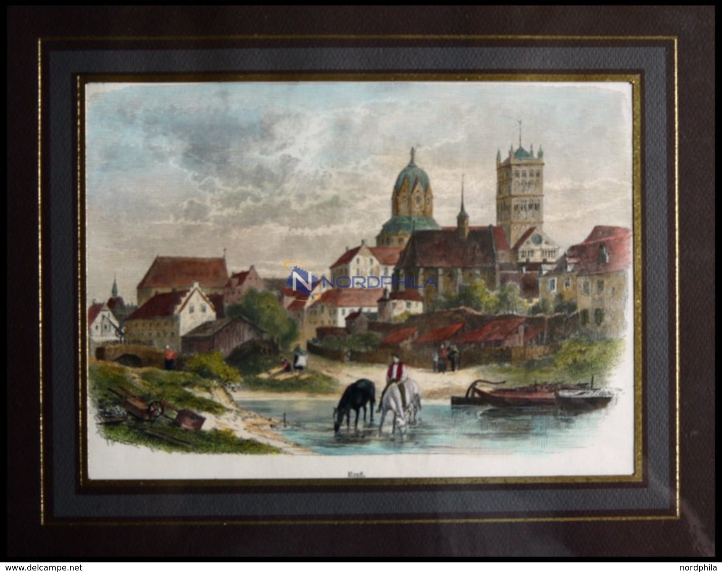 NEUSS, Gesamtansicht, Kolorierter Holzstich Aus Stieler Um 1880 - Lithografieën