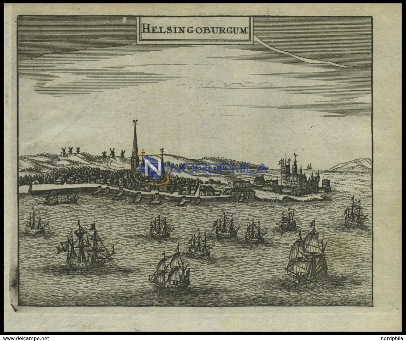 HELSINGØR, Gesamtansicht Mit Dekorativer Schiffsstaffage Im Vordergrund, Kupferstich Von Zeiller 1655 - Litografía