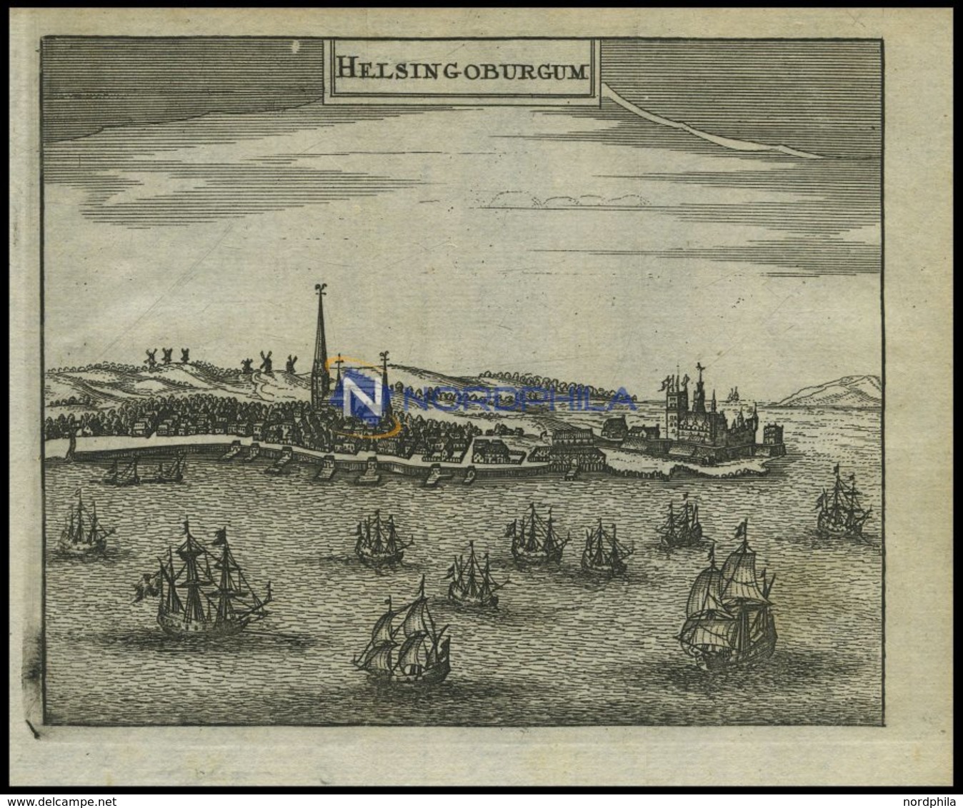 HELSINGØR, Gesamtansicht Mit Dekorativer Schiffsstaffage Im Vordergrund, Kupferstich Von Zeiller 1655 - Lithographies