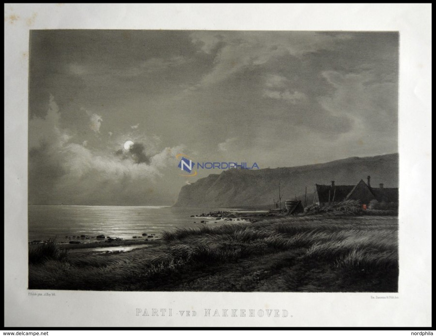 NAKKEHOVED (Parti Ved Nakkehoved), Küstenlandschaft Mit Bauernhaus Im Mondschein, In Der Ferne Zwei Leuchttürme, Lithogr - Litografia
