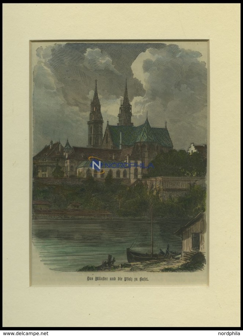 BASEL: Das Münster Und Die Pfalz, Kolorierter Holzstich Um 1880 - Lithografieën