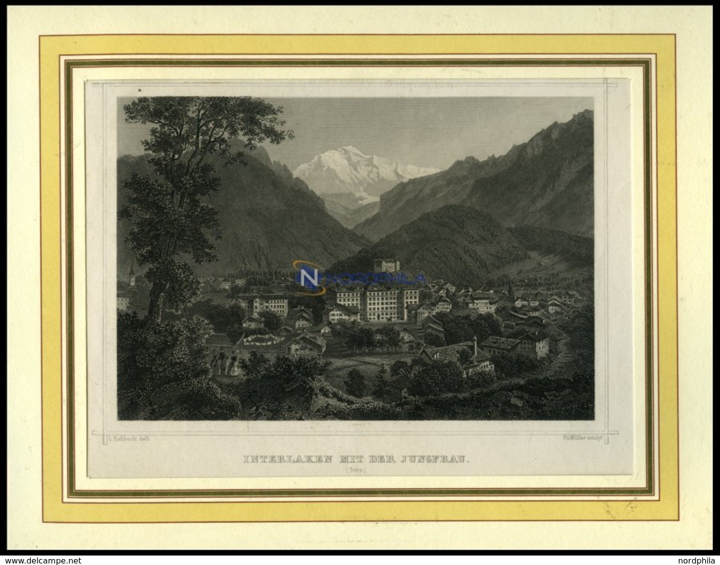 INTERLAKEN, Gesamtansicht Mit Der Jungfrau, Stahlstich Von Rohbock/Müller Um 1840 - Lithographies