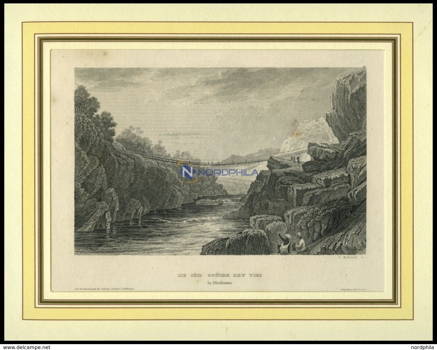 INDIEN: Hindostan, Die Seilbrücke Bei Tiri, Stahlstich Von B.I. Um 1840 - Litografía