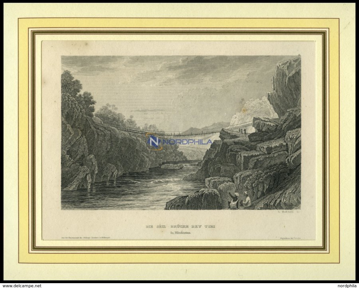 INDIEN: Hindostan, Die Seilbrücke Bei Tiri, Stahlstich Von B.I. Um 1840 - Litografia