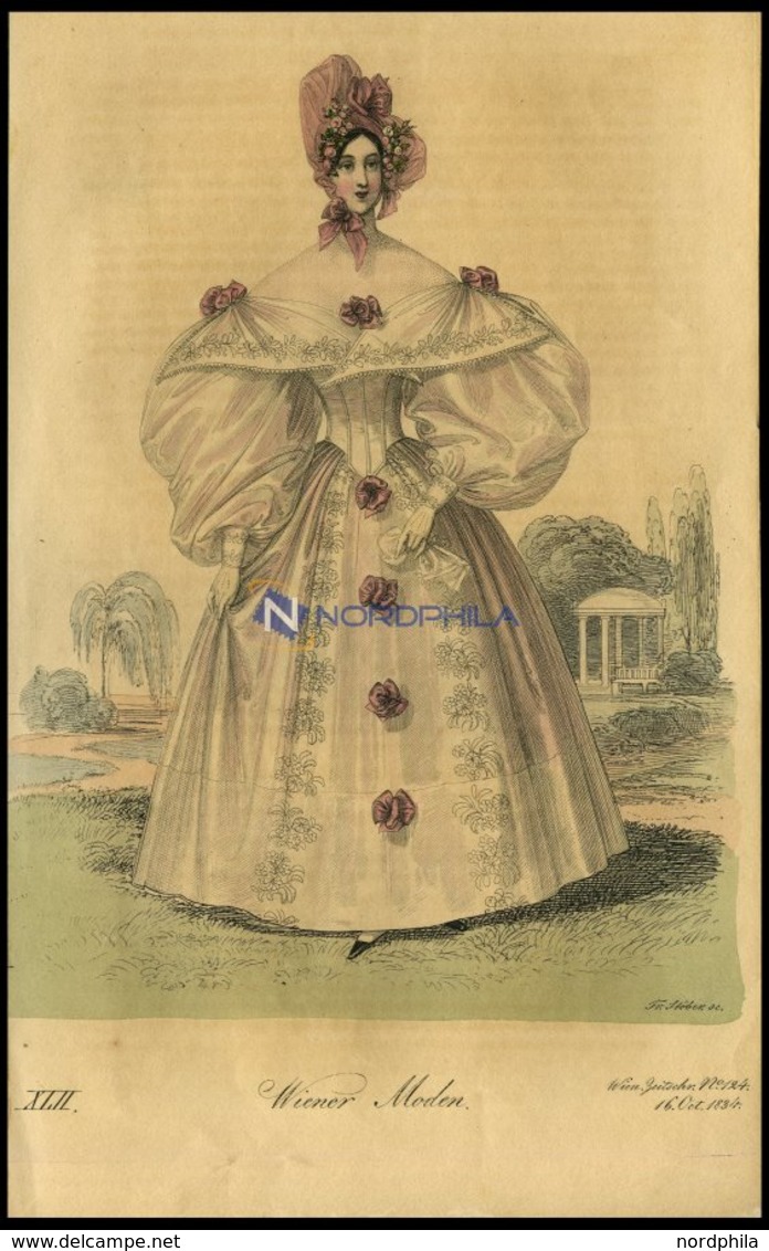 Wiener-Moden - Kleid Aus Besticktem Taft Mit Schleifchen Verziert, Altkolorierter Kupferstich Aus Wiener Zeitschrift Für - Lithographies