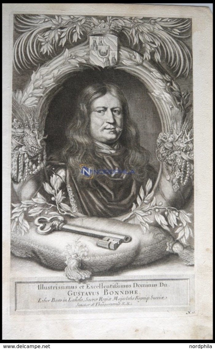 Graf Gustav Bonde, Reichs-Rat Am Schwedischen Hof, Portrait Von Ca. 1668, Kupferstich Von Pufendorf Aus `Sieben Bücher V - Lithografieën