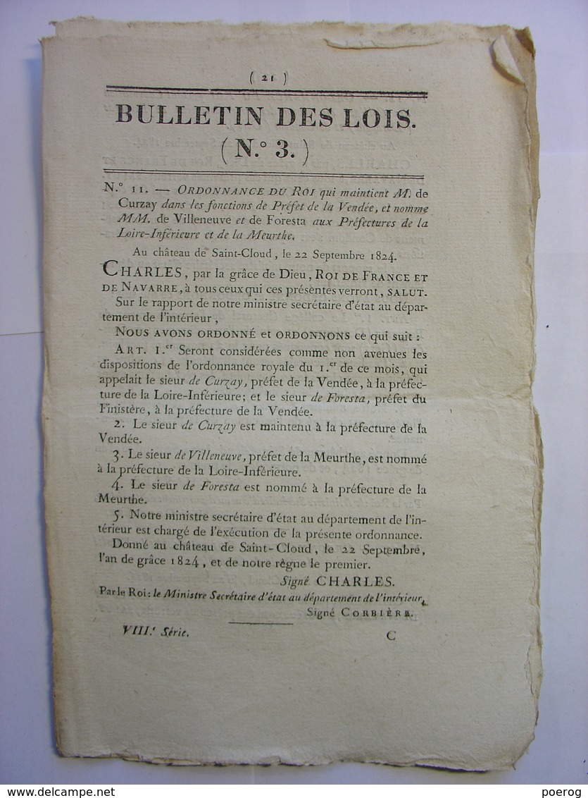 BULLETIN DES LOIS De 1824 - PREFET VENDEE - FACULTE DE DROIT GRENOBLE - DESERTEURS MARINE - GENIE - BERGERAC CONDOM GERS - Decreti & Leggi