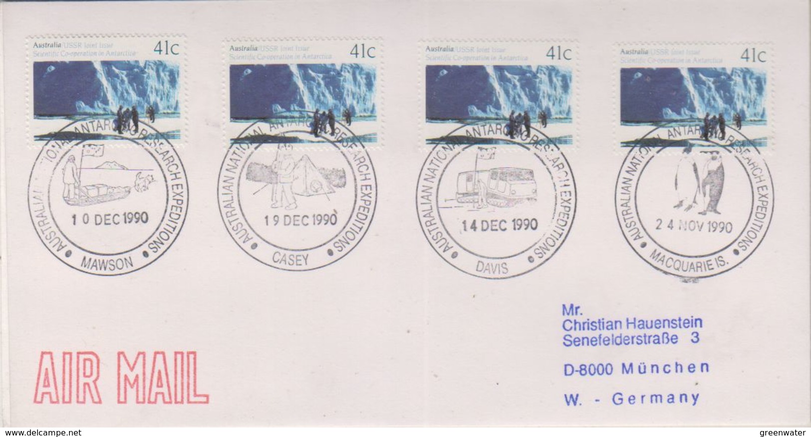 AAT 1990 Cover With Ca Bases Mawson, Casey, Davis, Macquarie Isl. (38547) - Lettres & Documents