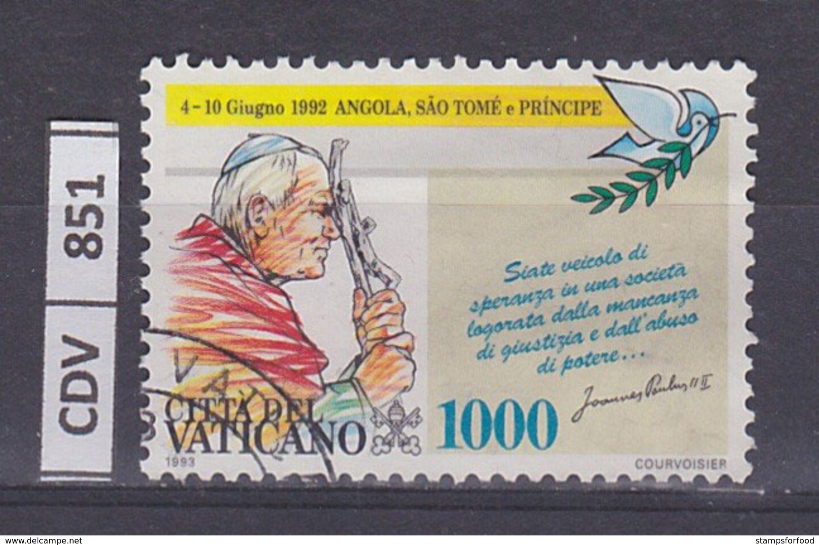 VATICANO   1993	Viaggi Giovanni Paolo II, L. 1000, Usato - Oblitérés