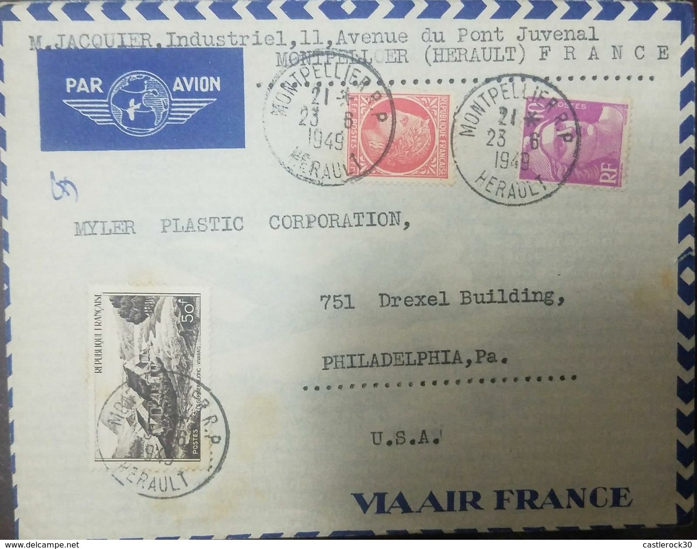 O) 1949 FRANCE,  AIRMAIL  FRANCE,CERES SCOTT A146, MARIANNE A147, MT GERBIER DE JONC VIVARAIS SCOTT A190, FROM MONTPELLI - Covers & Documents