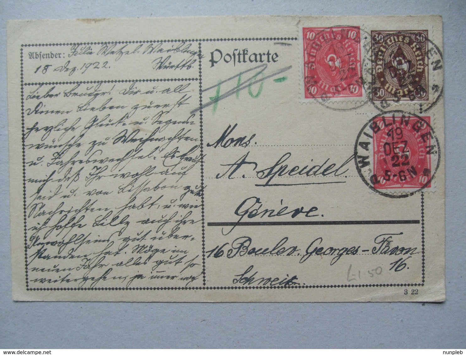 GERMANY - 1922 December Inflation Postcard Waiblingen To Geneva Switzerland - Covers & Documents