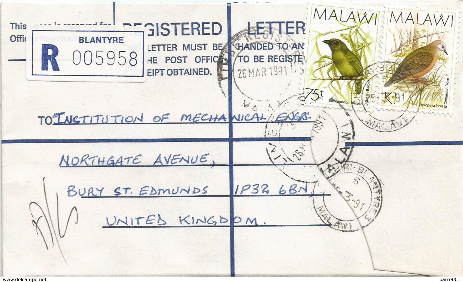 Malawi 1991 Blantyre Green Barbet Cinnamon Dove Registered Cover - Malawi (1964-...)