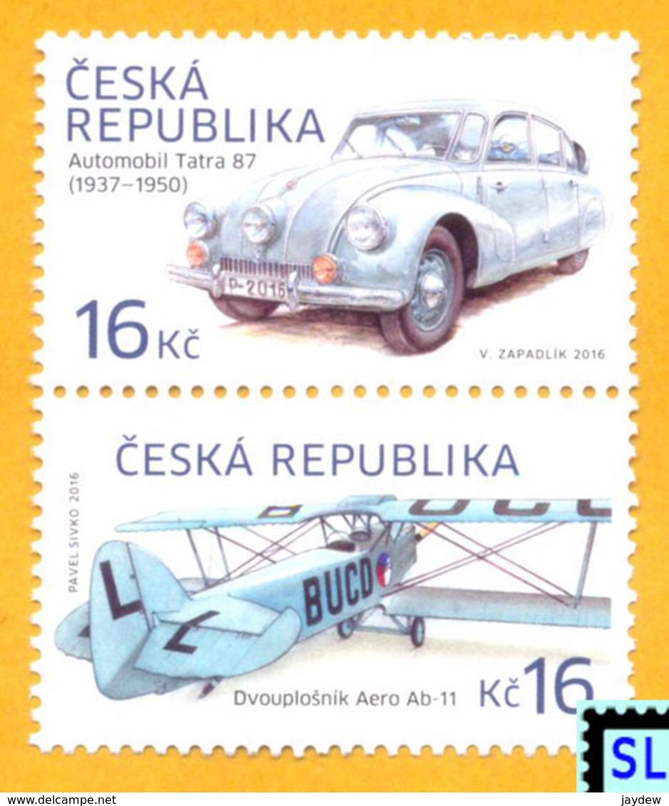 Czech Republic Stamps 2016, Historical Vehicles, Aero A.11 Biplane, Tatra 87 Car, MNH - Other & Unclassified