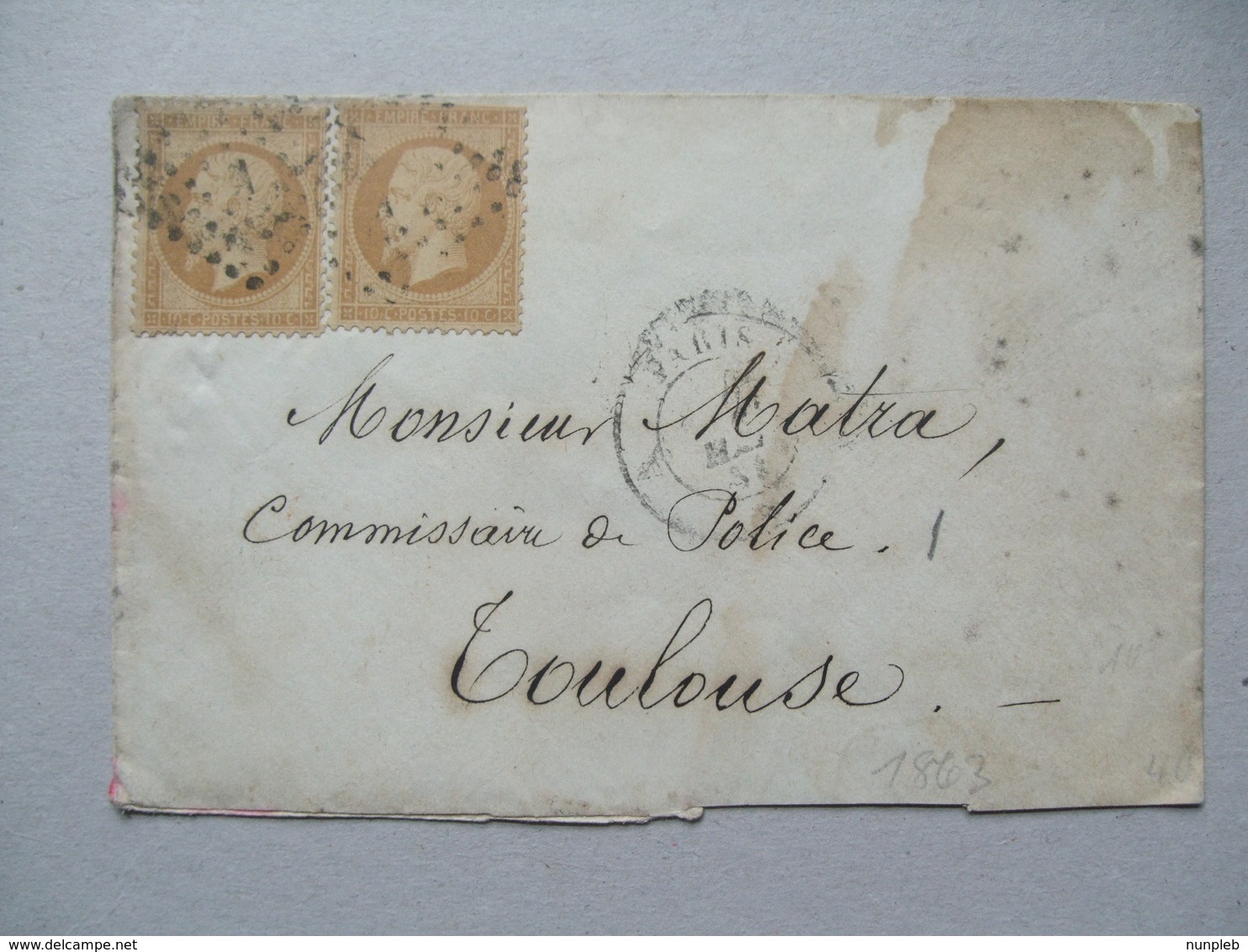 FRANCE - 1883 Cover Paris To Toulouse Tied With Napoleon 10c Bistre X 2 - 1862 Napoleon III