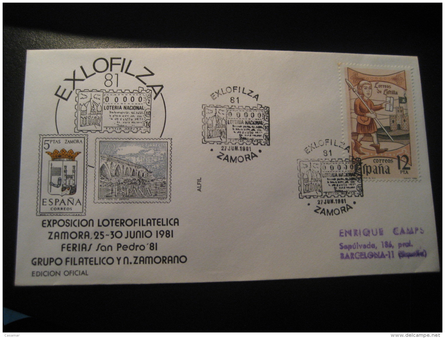 EXLOFILZA Lottery Loterie Lotto Loteria Game Games ZAMORA 1981 Cancel Cover SPAIN - Sin Clasificación