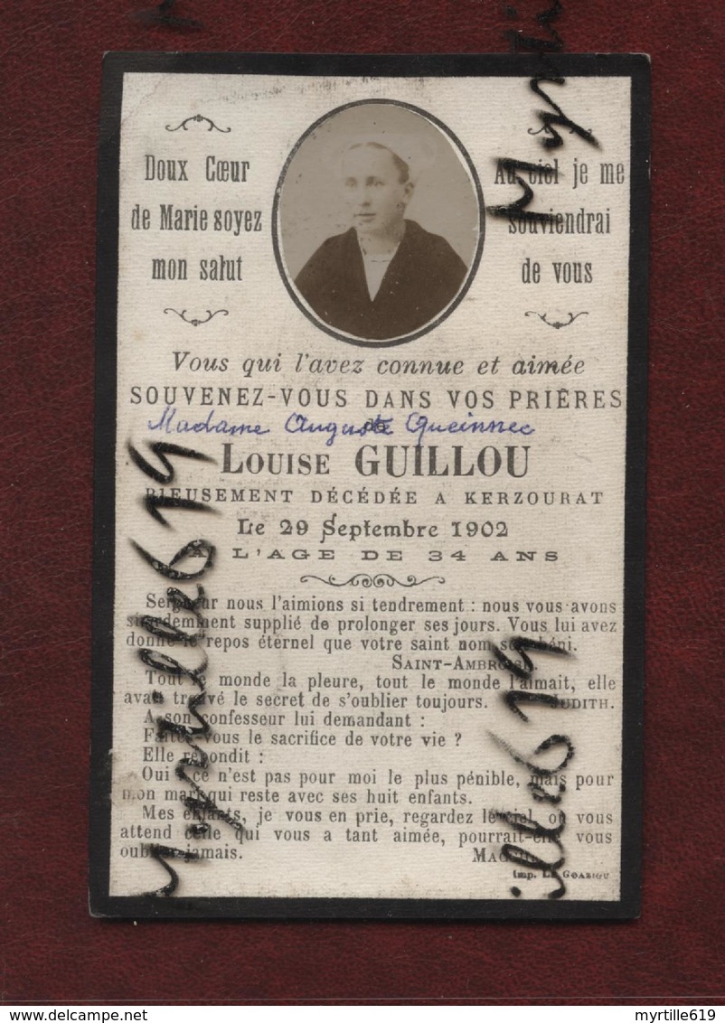 Faire-part De Décès - (1902) Memento Madame Auguste Queinnec Née Louise Guillou - Landivisiau - Kerzourat - Obituary Notices