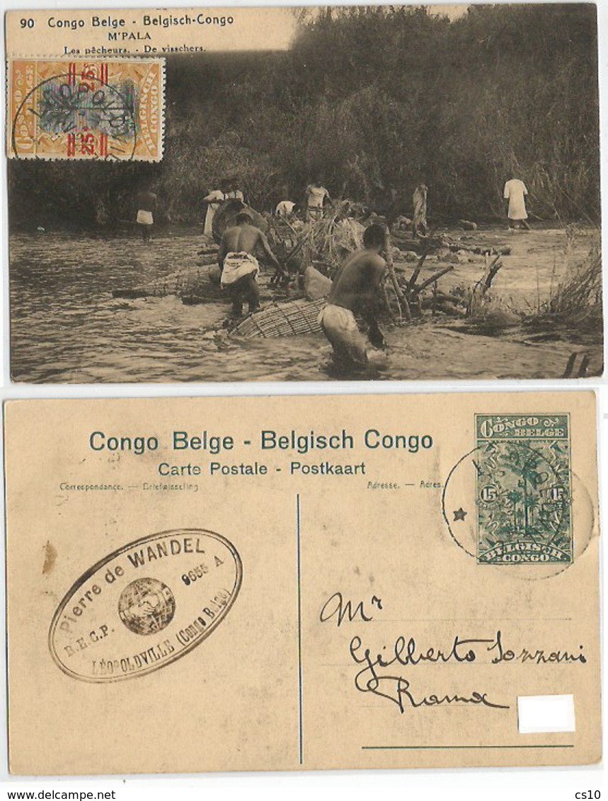 Congo Belge M'pala Impala Fishermen Pecheurs PSC C15 + OVPT C25/15 Leo.ville 24may1922 To Italy - Kinshasa - Léopoldville