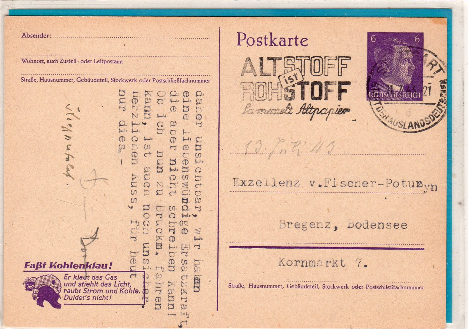 Ganzsache Mit Zudruck - Stuttgart 1943 - Altri & Non Classificati