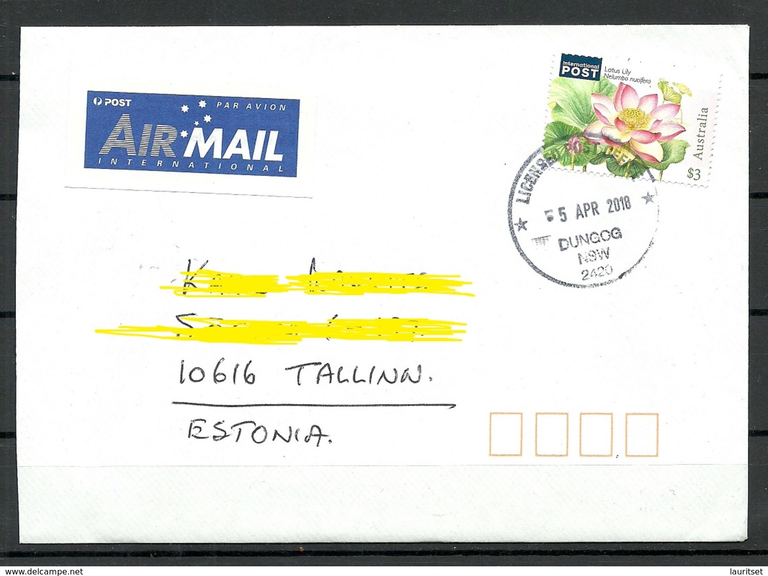 AUSTRALIA 2018 Air Mail Letter To Estonia Lotus Lily Flower - Lettres & Documents