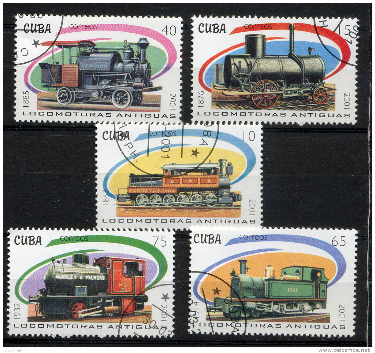 CUBA 2001, TRAINS LOCOMOTIVES ANCIENNES, 5 Valeurs, Oblitérés / Used. R1454 - Trains