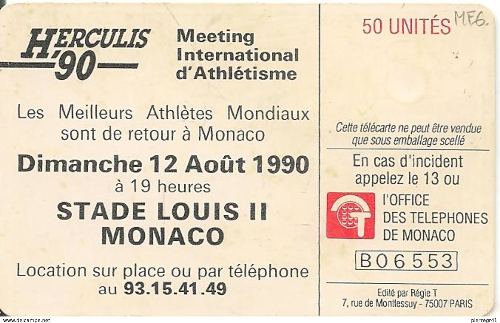 CARTE°-PUBLIC-MONACO-50U-MF 06-GEM A-HERCULIS 90-UTILISE-TBE - Monace