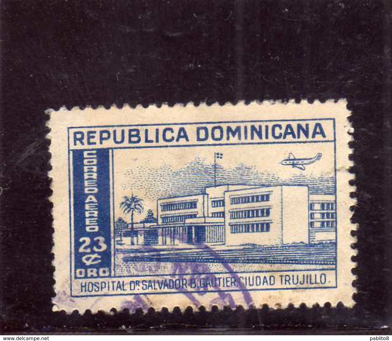 DOMINACAN DOMINACAINE DOMINICANA REPUBBLICA 1952 AIR MAIL AEREO HOSPITAL GAUTIER CENT. 23c USATO USED OBLITERE' - Repubblica Domenicana