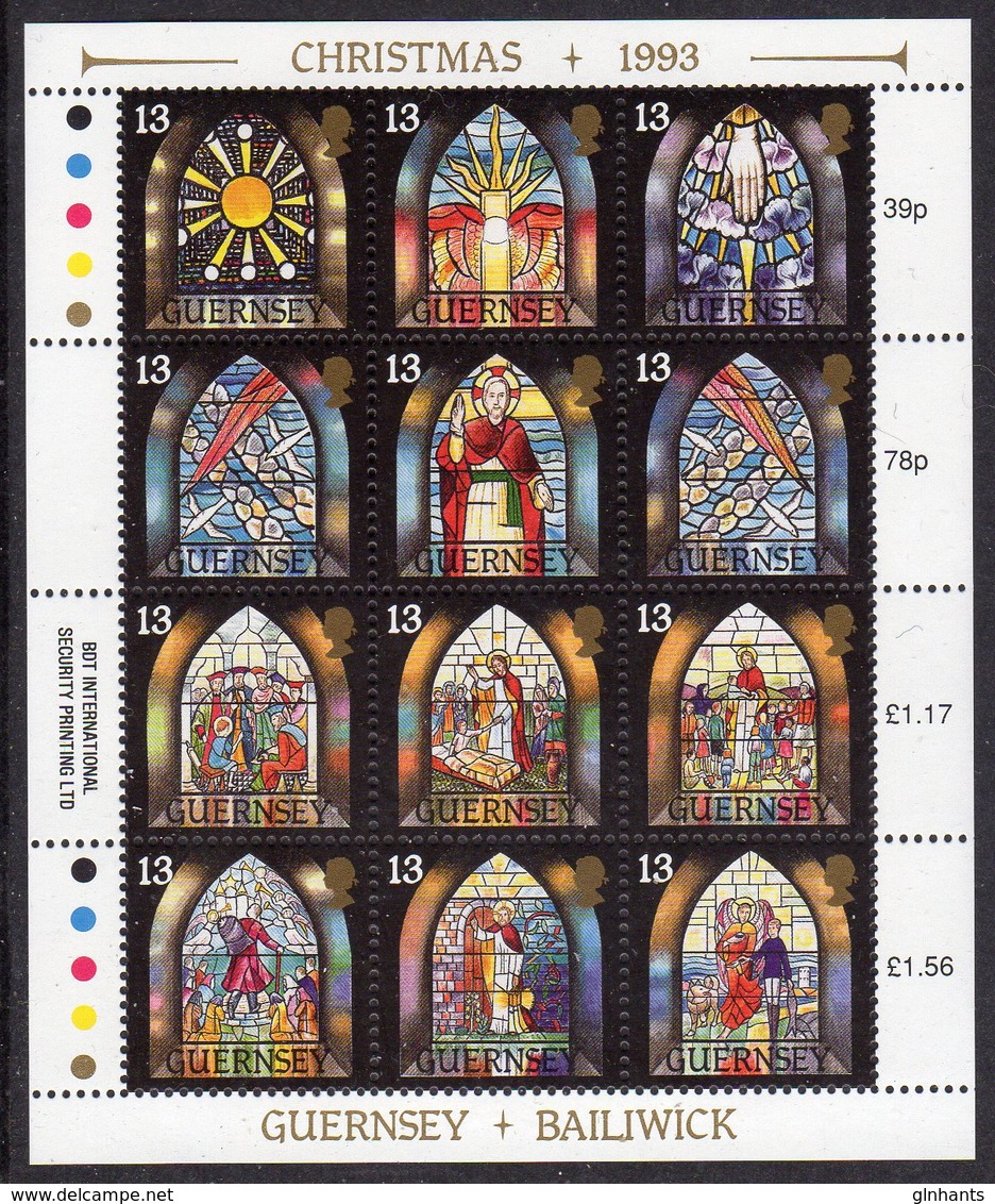 GUERNSEY - 1993 CHRISTMAS STAINED GLASS WINDOWS SHEETLET (12V) SG 622a FINE MNH ** - Guernsey