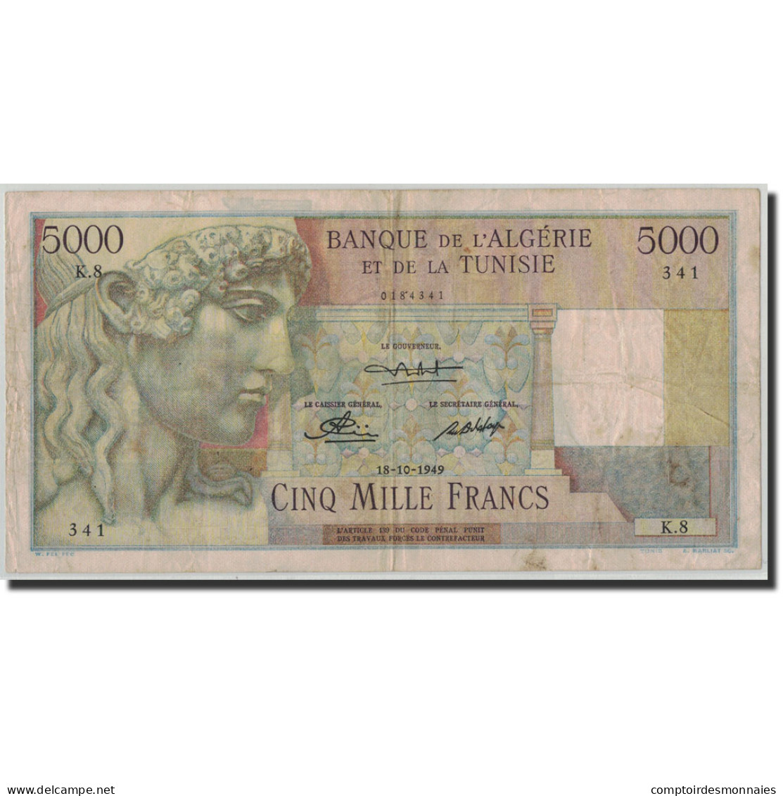 Billet, Tunisie, 5000 Francs, 1949, 1949-10-18, KM:27, TB+ - Tunisia