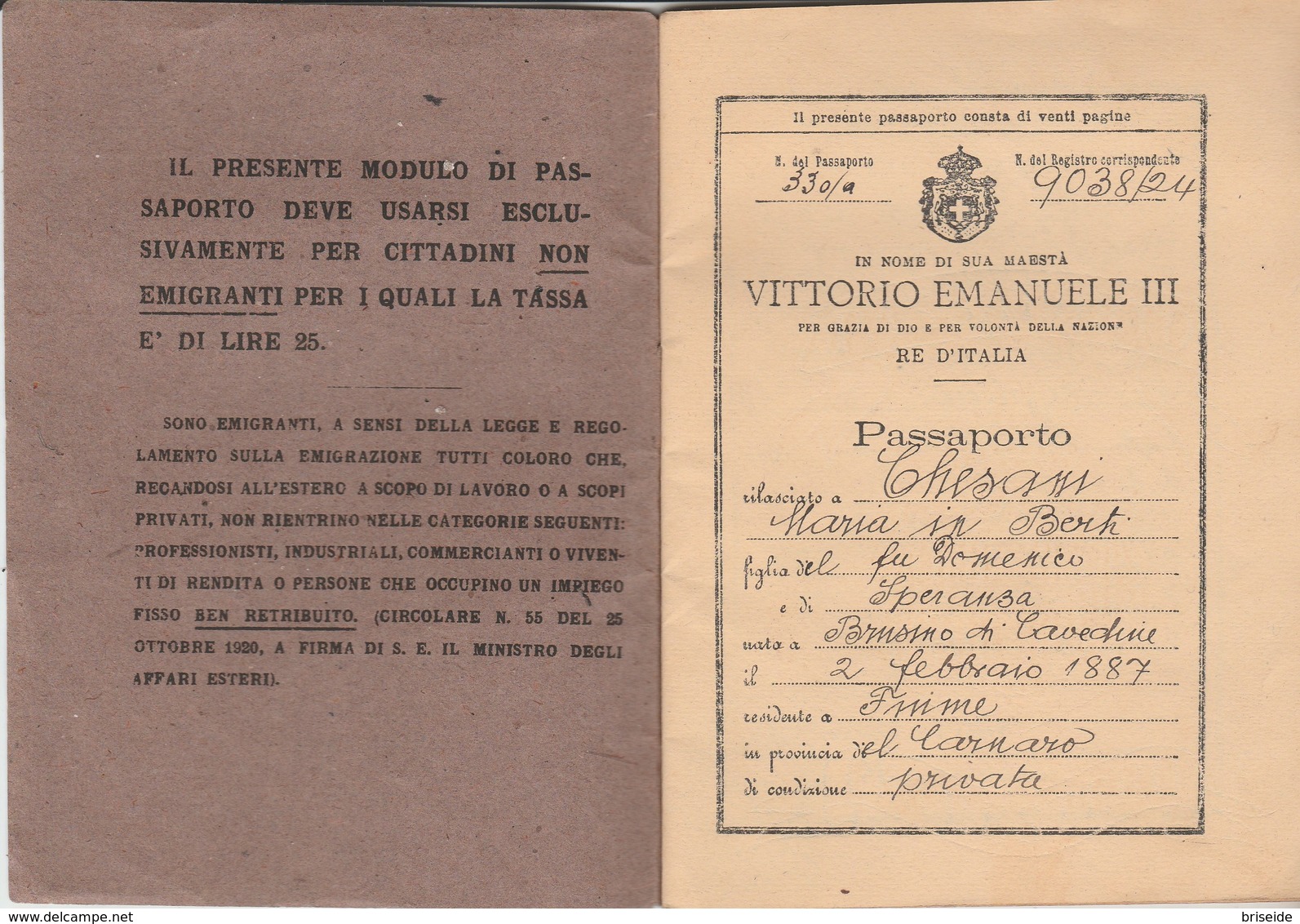 PASSAPORTO REGNO D'ITALIA RILASCIATO A FIUME ( RIJEKA REKA ) NEL 1924 - Ohne Zuordnung