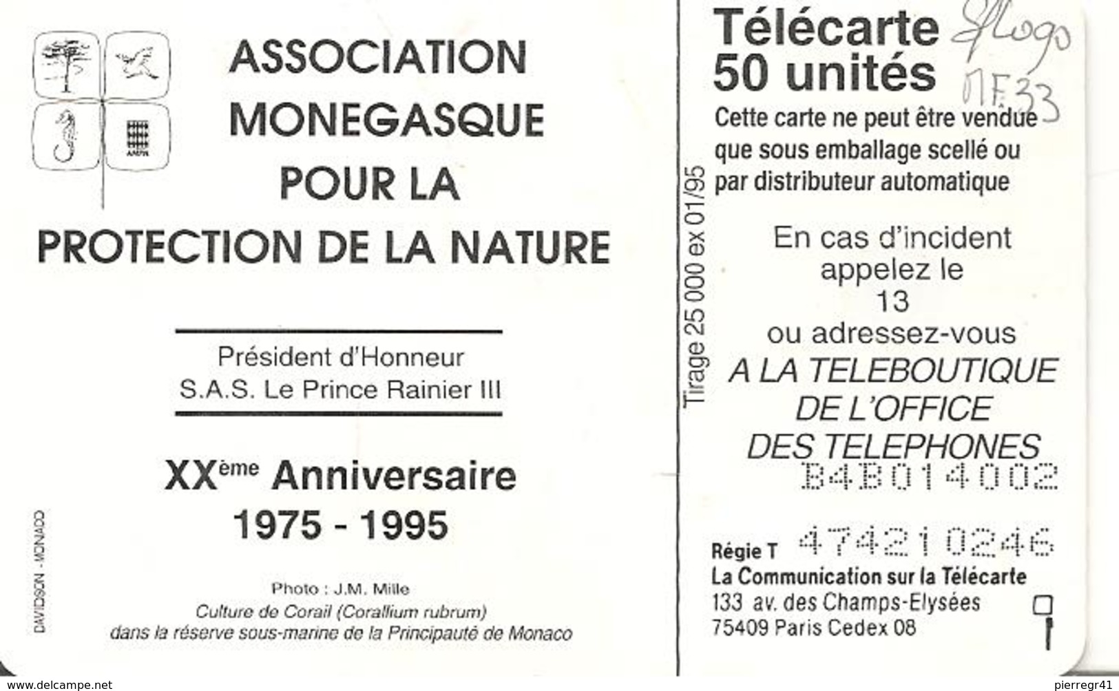 CARTE-PUBLIC-MONACO-50U-MF33-GEMA-01/95-Sans Logo-R° Glacé-PROTECTION DE LA NATURE-V° DN°Série B4B014002-TBE- - Monaco