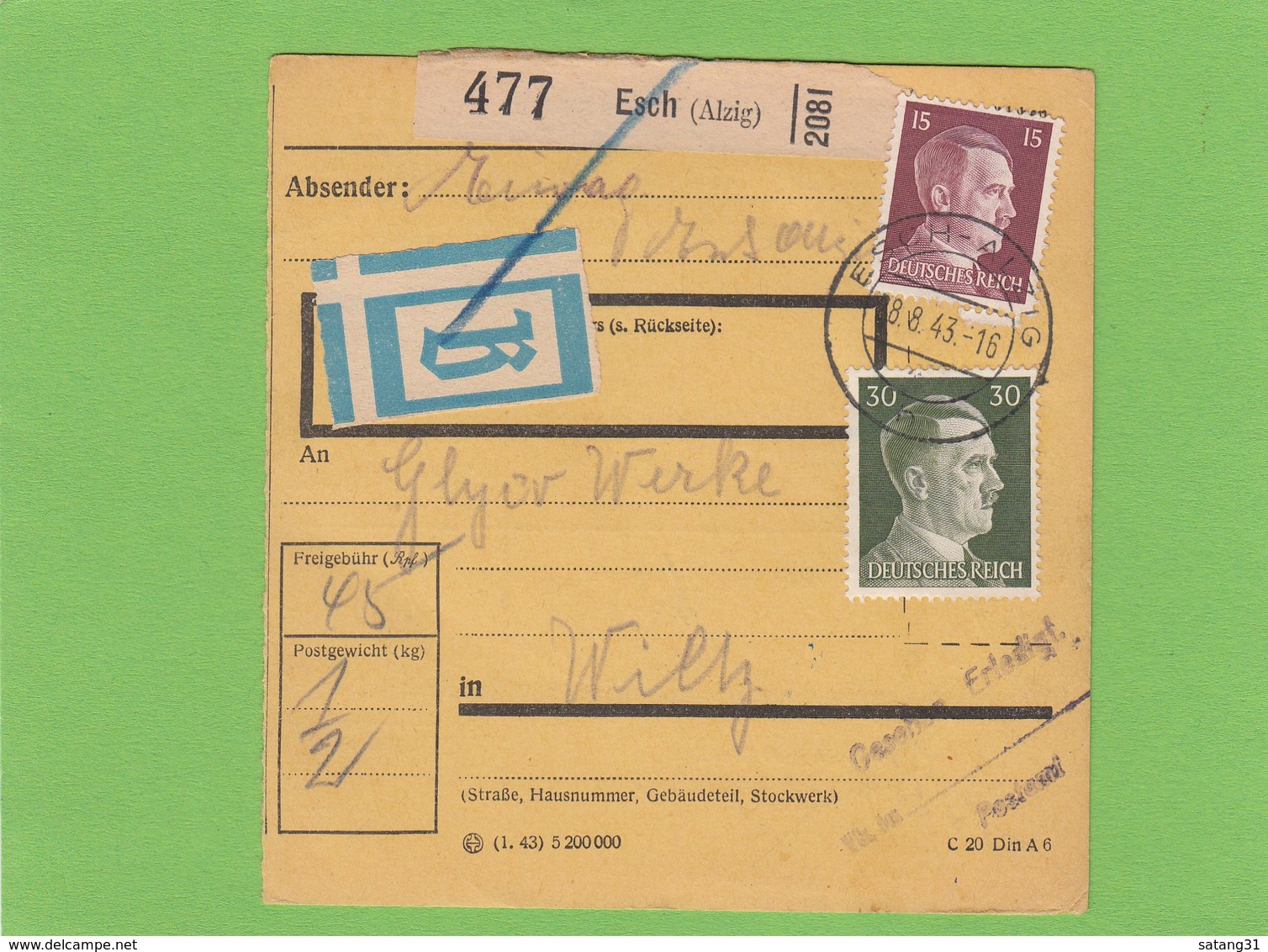 PAKETKARTE VON "EIWAG"(SICHEL),ESCH(ALZIG) AN DIE "GLYCO" WERKE IN WILZ.BEUTELPOST. - 1940-1944 Occupazione Tedesca