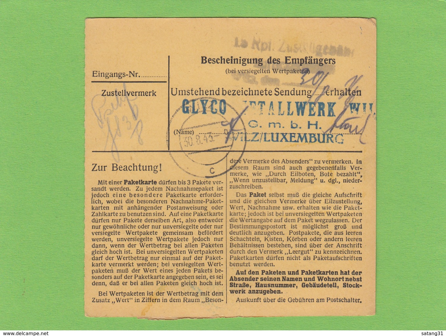 PAKETKARTE VON "EIWAG"(SICHEL),ESCH(ALZIG) AN DIE "GLYCO" WERKE IN WILZ.BEUTELPOST. - 1940-1944 Occupazione Tedesca